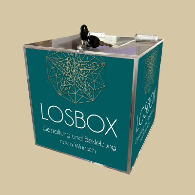 Losbox abschließbar, mit individueller Beklebung, Tombola